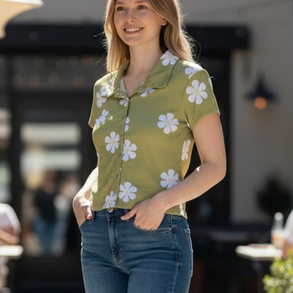Vine & Valley Daisy Print Green Crop Button-Up Top